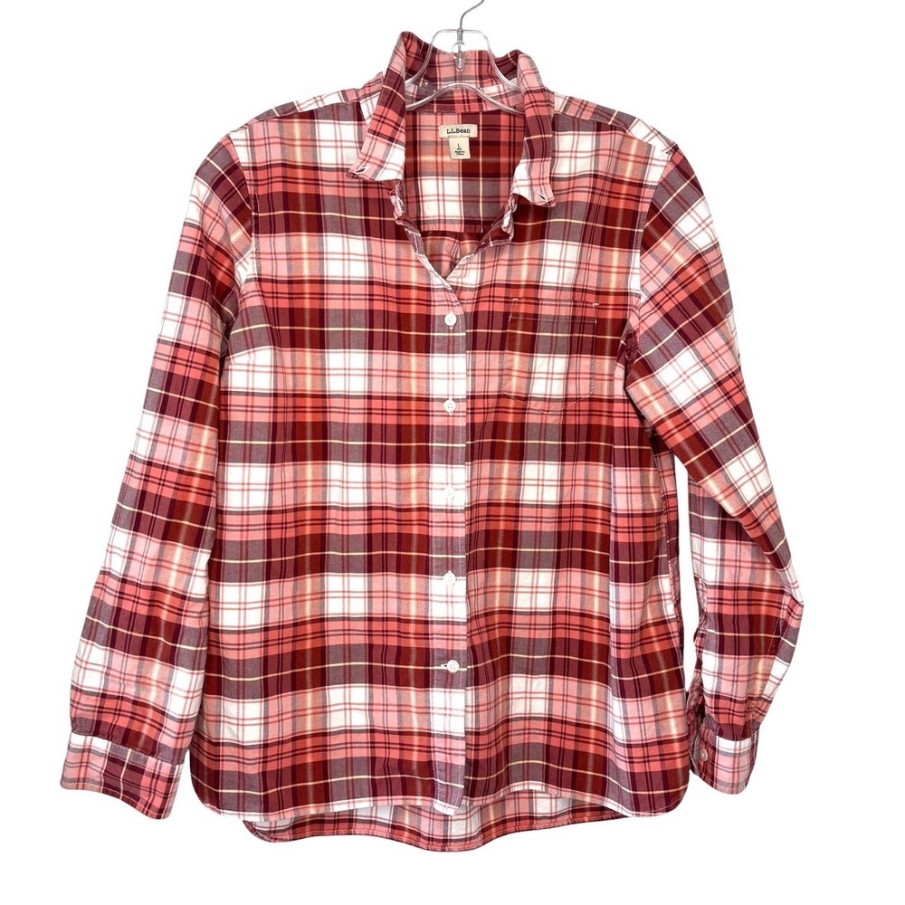 LL Bean Womens Red White Plaid Organic Cotton Button Down Shirt 506581 Large